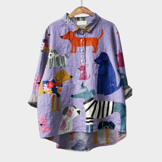Milla | Dog Print Button Down Collared Long Sleeve Casual Blouse