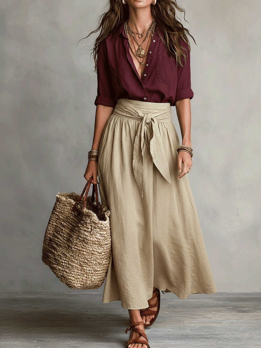 Sage | Women's Boho Button Down Blouse Tie Waist Maxi Skirt Set