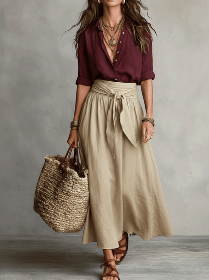 Sage | Women's Boho Button Down Blouse Tie Waist Maxi Skirt Set