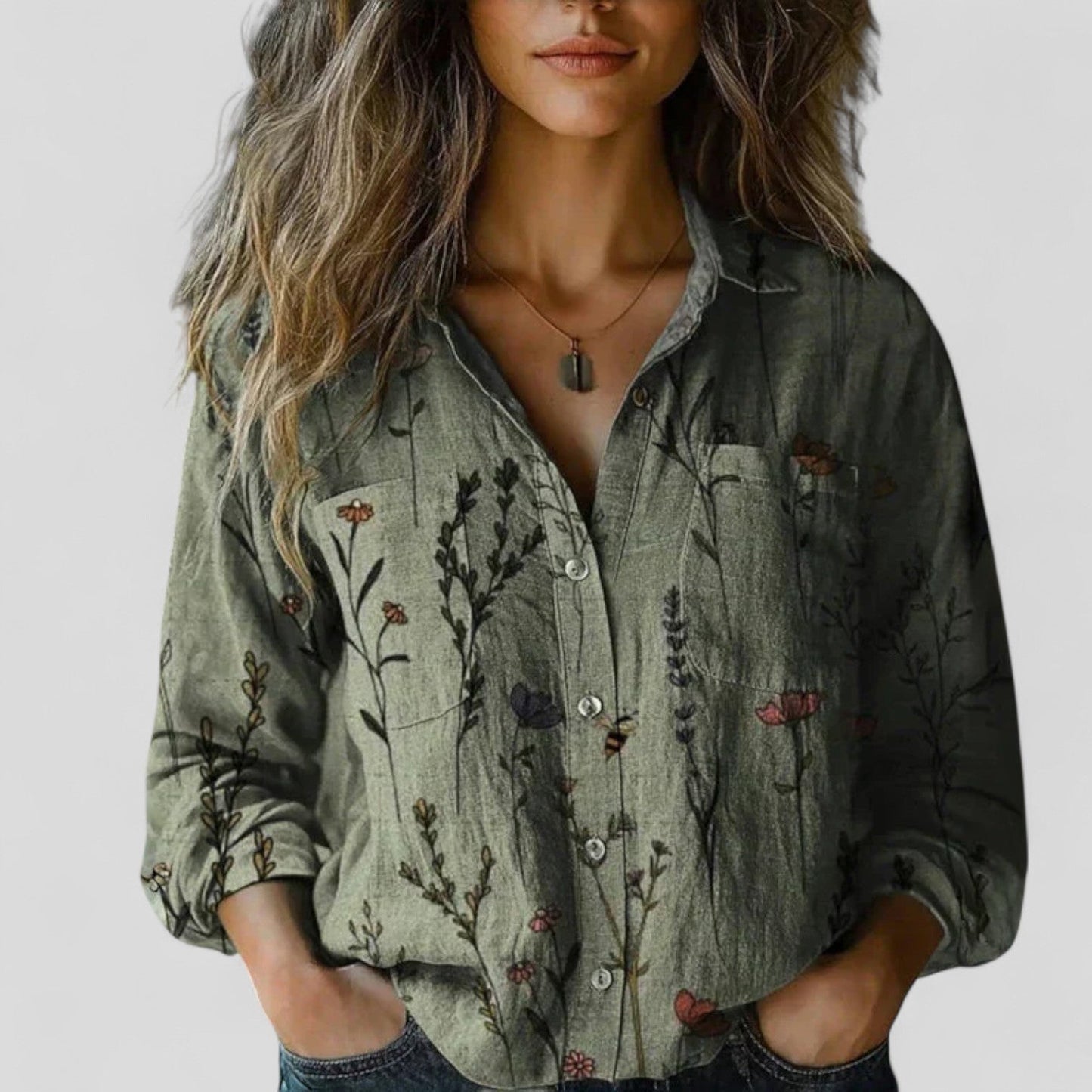 Lorenhilde | Colorblock Floral Long Sleeve Button Down Casual Boho Blouse