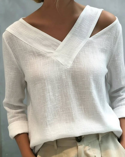 Aria | Long Sleeve Asymmetric V Neck Off Shoulder Relaxed Top