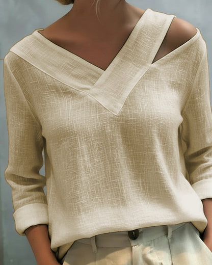 Aria | Long Sleeve Asymmetric V Neck Off Shoulder Relaxed Top