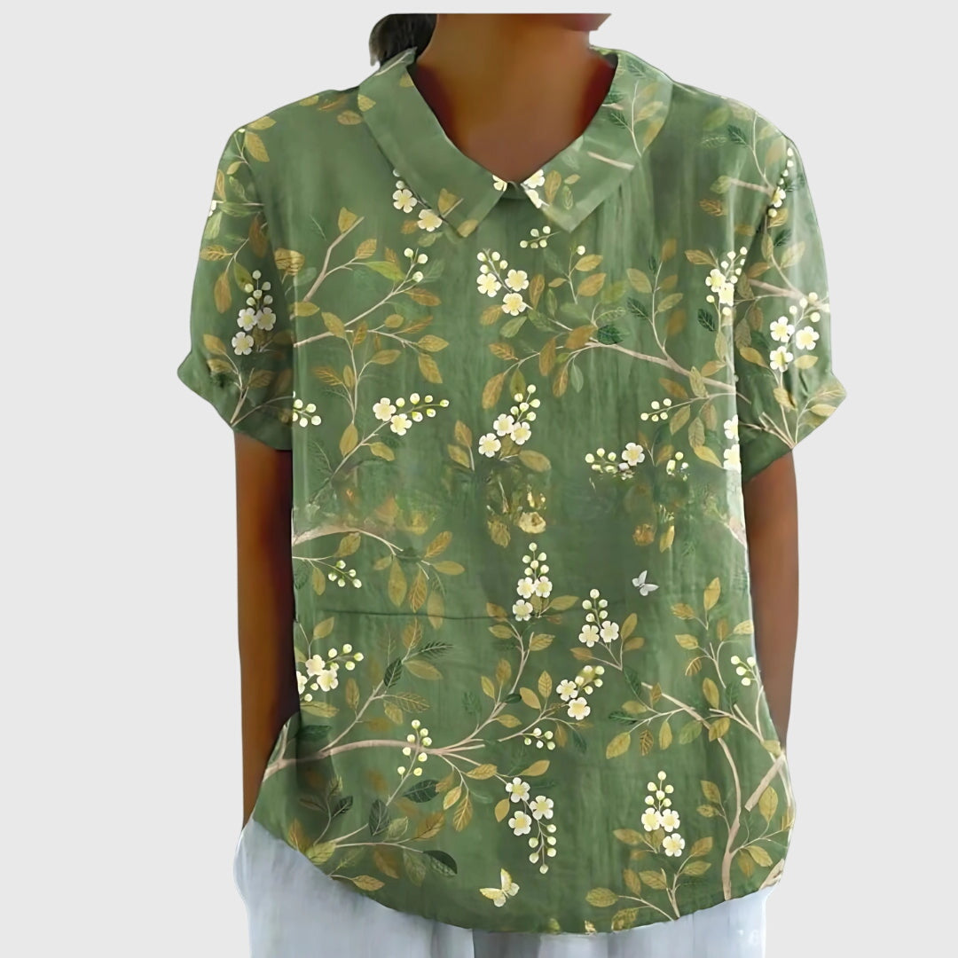 Jenna | Floral Print Collared Short Sleeve Casual Linen Blouse