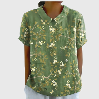 Jenna | Floral Print Collared Short Sleeve Casual Linen Blouse