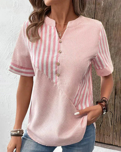 Monroe | Striped Colorblock Short Sleeve Stand Collar Casual Top