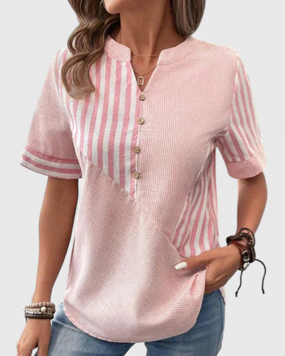 Gigi | Striped Colorblock Short Sleeve Stand Collar Casual Blouse