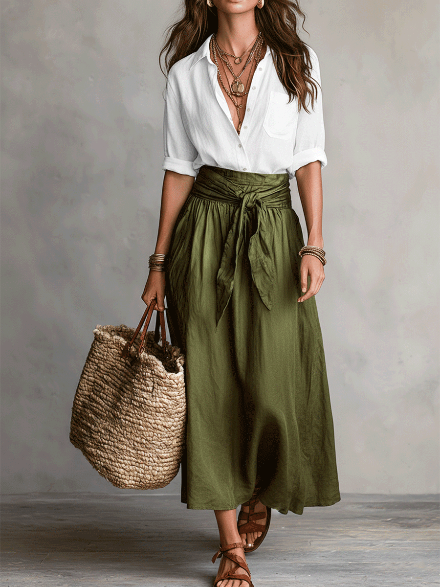 Sage | Women's Boho Button Down Blouse Tie Waist Maxi Skirt Set