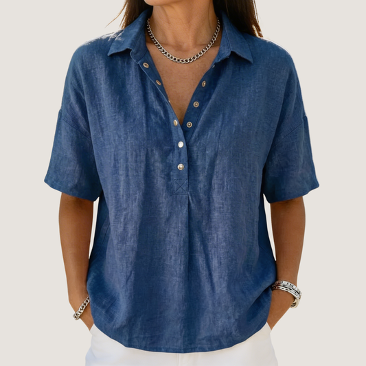 Quinley | Women's Linen Blend Collared V Neck Relaxed Blouse