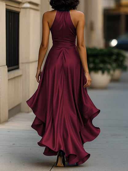 Callie | Women's Satin Halter Wrap Ruffle Hem Evening Maxi Dress