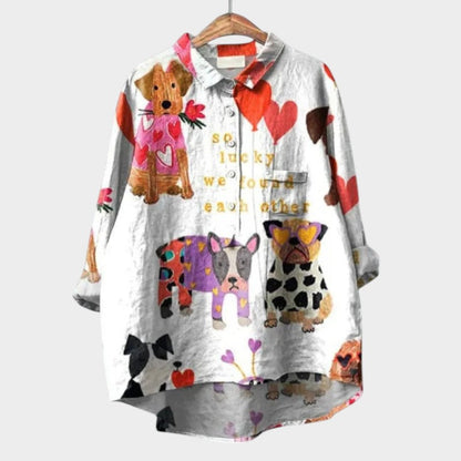 Milla | Dog Print Button Down Collared Long Sleeve Casual Blouse