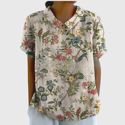 Jenna | Floral Print Collared Short Sleeve Casual Linen Blouse