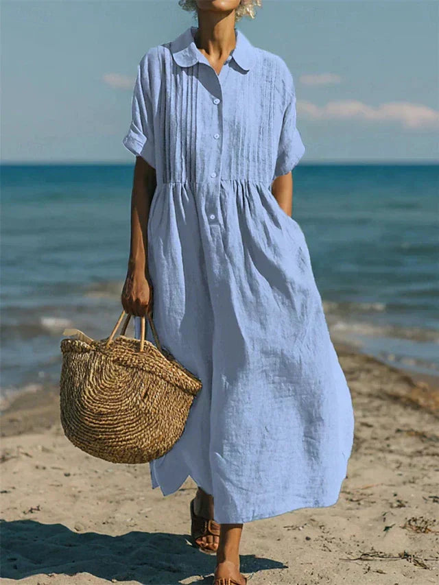 Mandy | Women's Cotton Blend Collared Button Down Relaxed Summer Midi Dress
