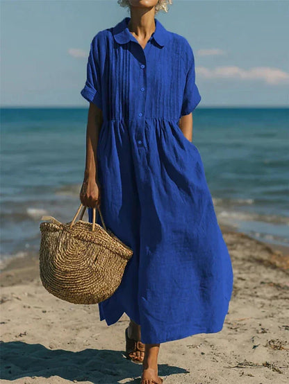 Mandy | Women's Cotton Blend Collared Button Down Relaxed Summer Midi Dress