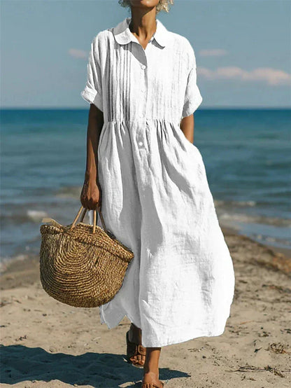 Mandy | Women's Cotton Blend Collared Button Down Relaxed Summer Midi Dress