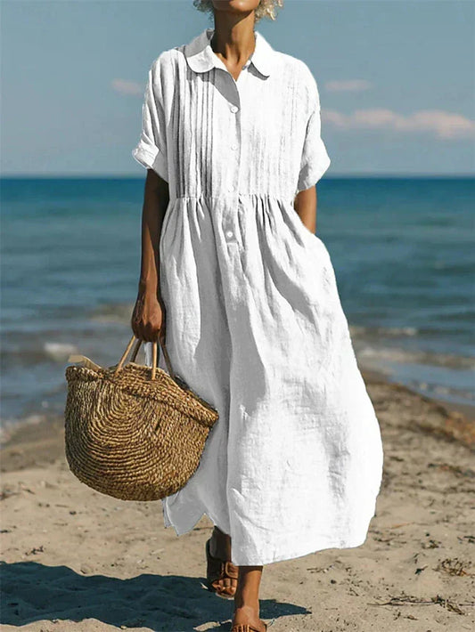 Mandy | Women's Cotton Blend Collared Button Down Relaxed Summer Midi Dress