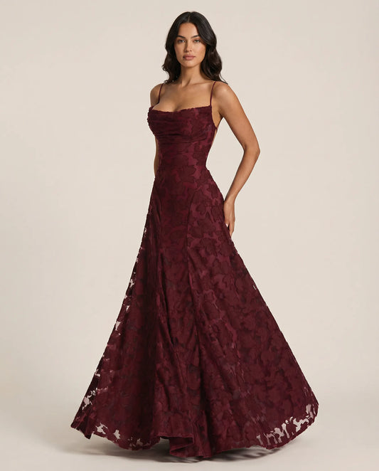 Juliette | Women's Burgundy Lace Square Neck Wedding Guest Dress