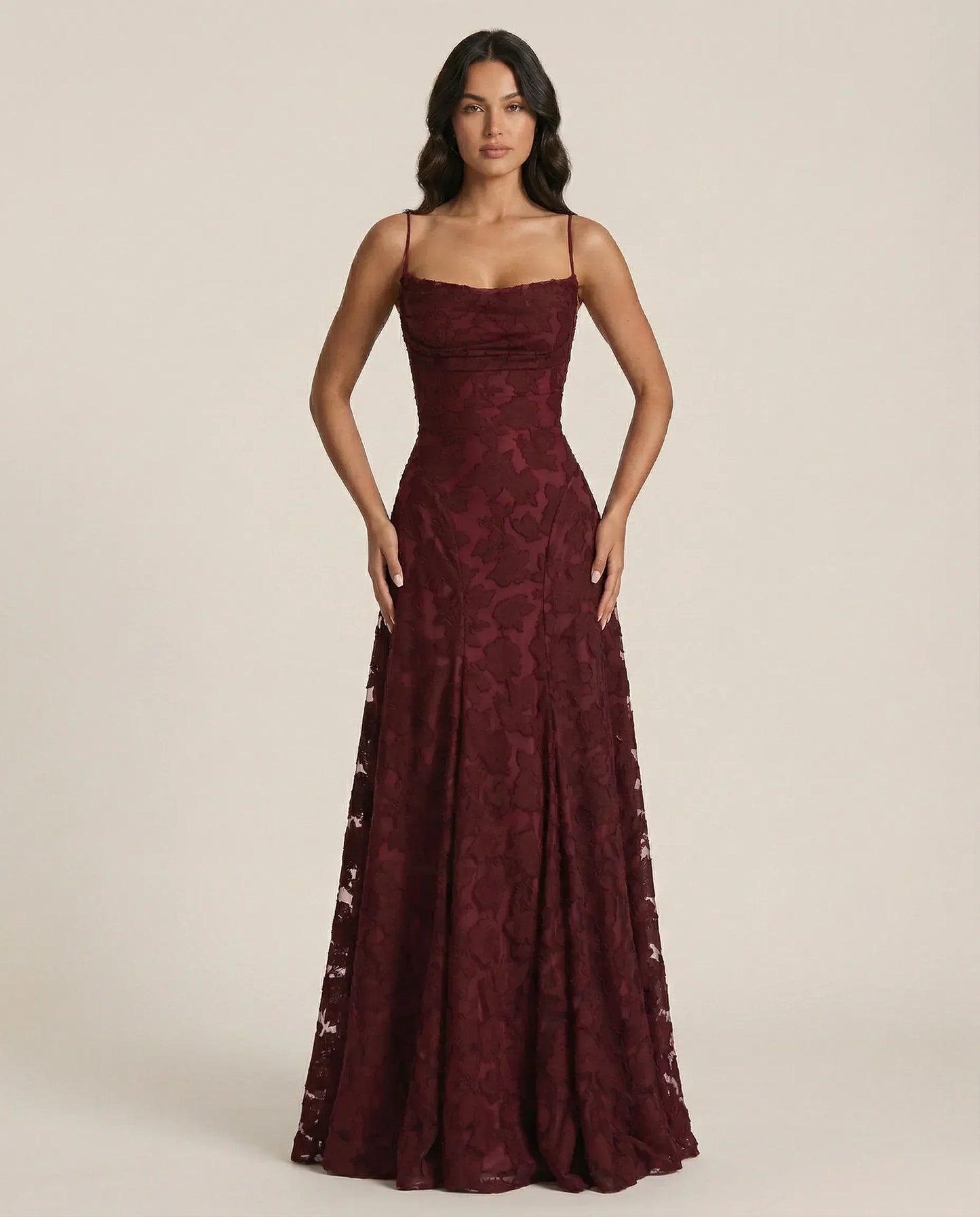 Juliette | Women's Burgundy Lace Square Neck Wedding Guest Dress
