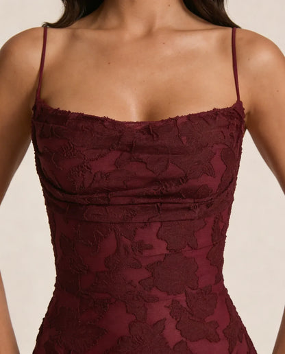 Juliette | Women's Burgundy Lace Square Neck Wedding Guest Dress