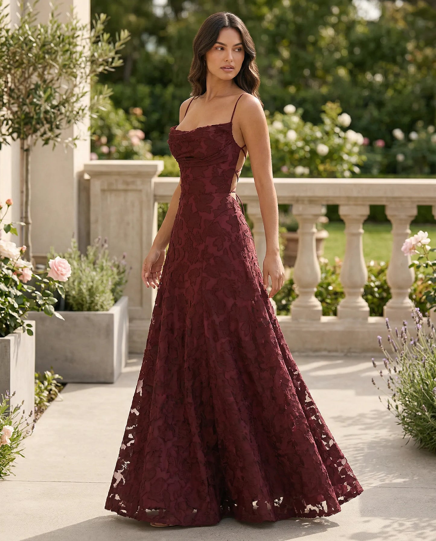 Juliette | Women's Burgundy Lace Square Neck Wedding Guest Dress