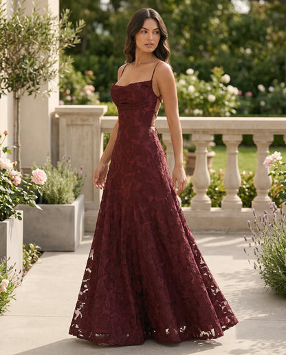 Juliette | Women's Burgundy Lace Square Neck Wedding Guest Dress