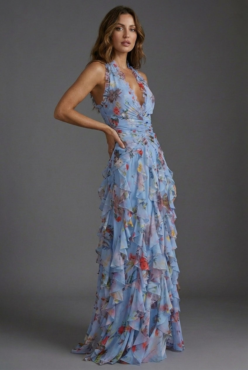 Arabella | Women's Floral Halter Ruffle Chiffon Maxi Dress