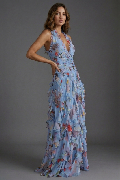 Arabella | Women's Floral Halter Ruffle Chiffon Maxi Dress