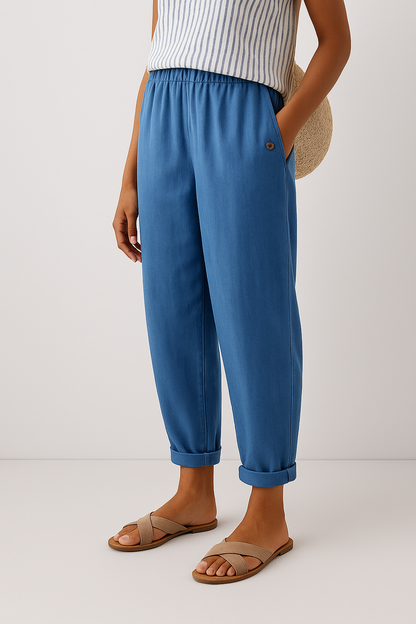 Emma | Elastic Waist Relaxed Tapered Cuffed Linen Blend Casual Pants