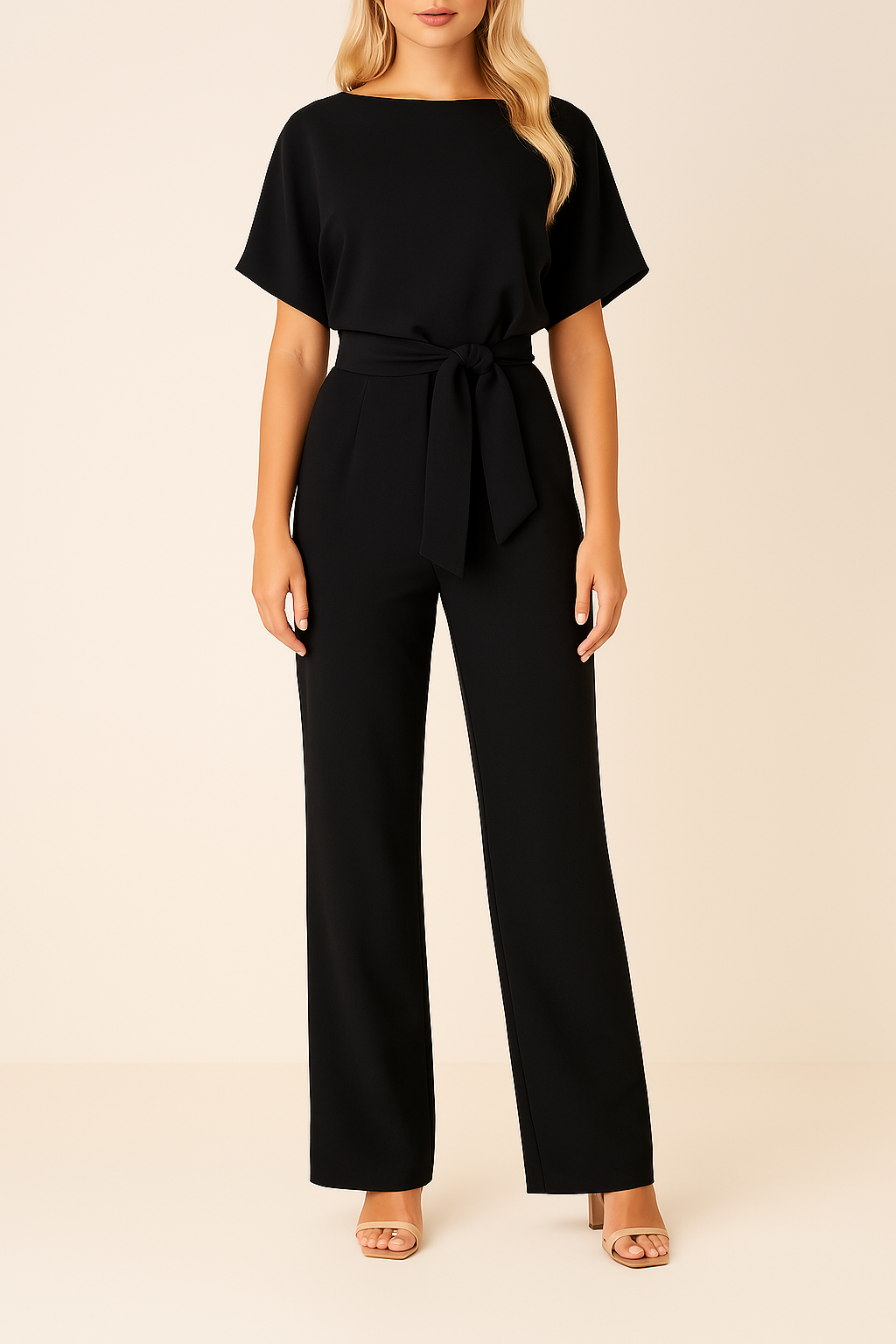 Sophia | Women's Elegant Short Sleeve Belted Wide Leg Jumpsuit