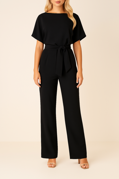 Sophia | Women's Elegant Short Sleeve Belted Wide Leg Jumpsuit