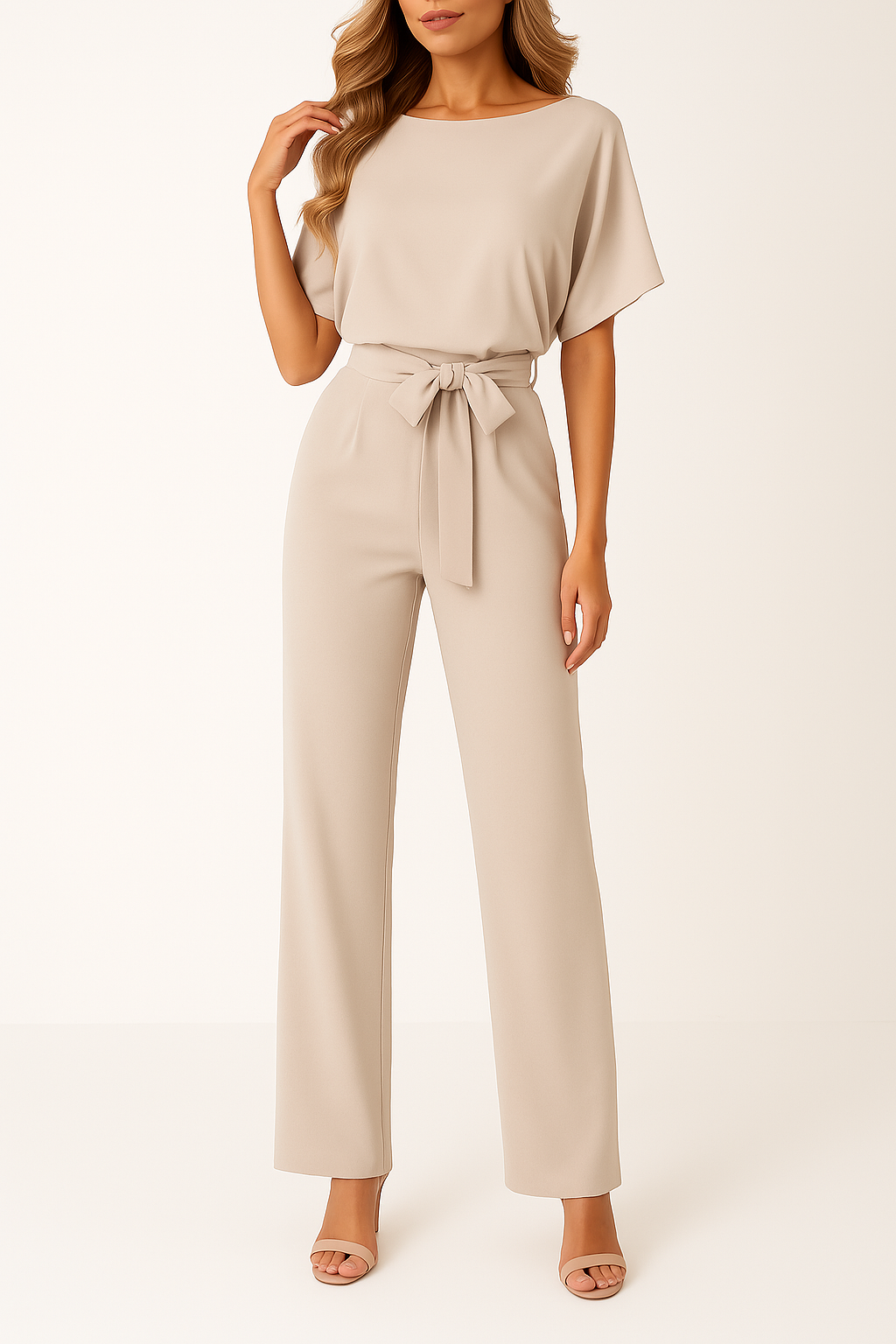 Sophia | Women's Elegant Short Sleeve Belted Wide Leg Jumpsuit