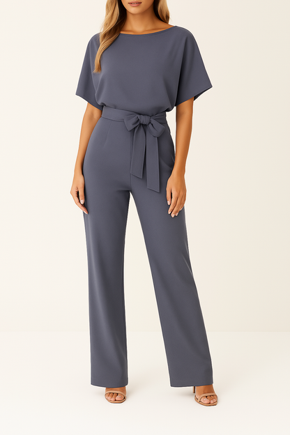 Sophia | Women's Elegant Short Sleeve Belted Wide Leg Jumpsuit