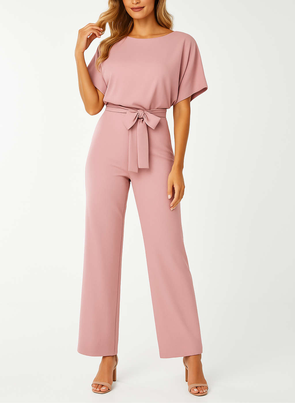 Sophia | Women's Elegant Short Sleeve Belted Wide Leg Jumpsuit