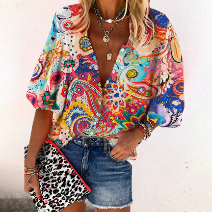 Isla | V Neck Boho Floral Print Long Sleeve Button Down Blouse