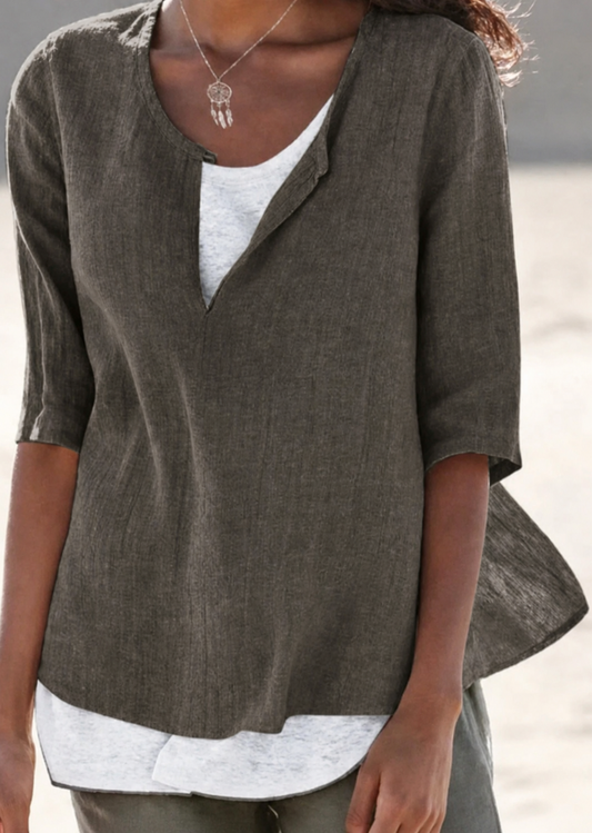 Maya | 3/4 Sleeve Split Neck Layered Hem Linen Blend Casual Top