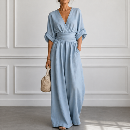 Layla | Women's Elegant V Neck Wide Sleeve Cinched Waist Wide Leg Jumpsuit