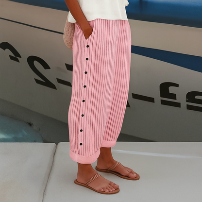 Amelia | Striped Button Detail Elastic Waist Relaxed Casual Pants