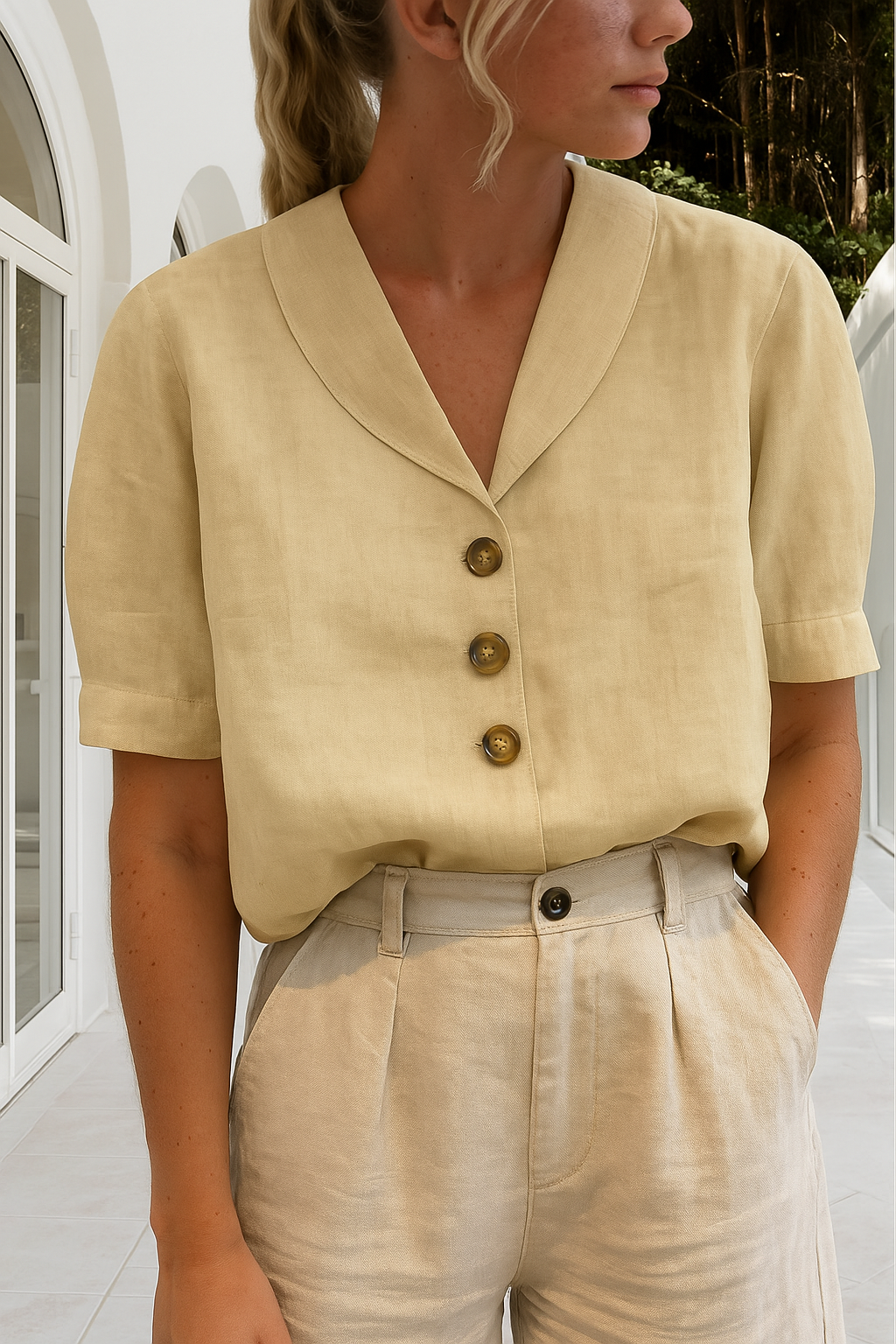Clara | Shawl Collar Button Down Short Sleeve Casual Blouse
