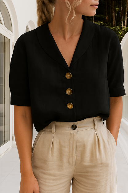 Clara | Shawl Collar Button Down Short Sleeve Casual Blouse