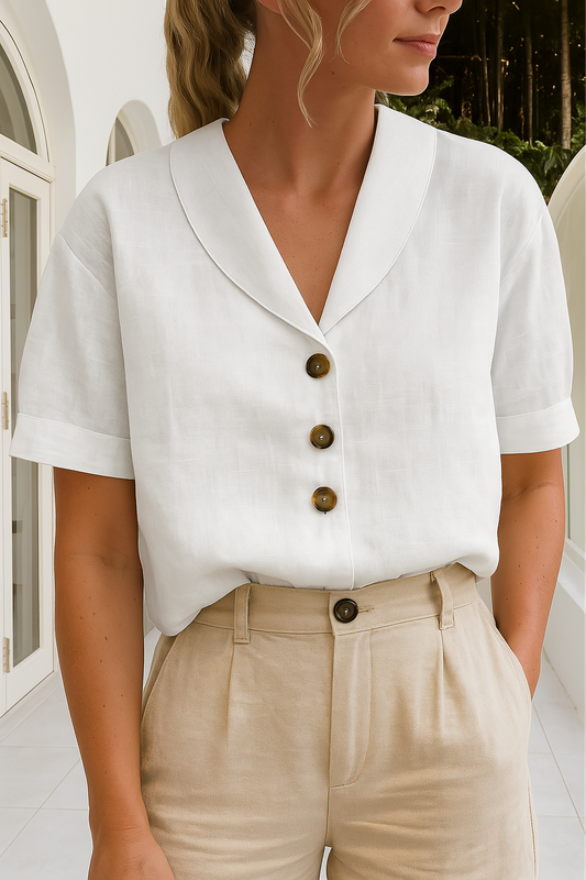Clara | Shawl Collar Button Down Short Sleeve Casual Blouse