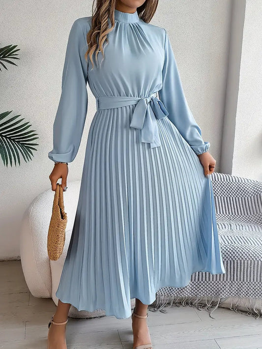 Celeste | Mock Neck Long Sleeve Belted Pleated Midi Wedding Guest Dress