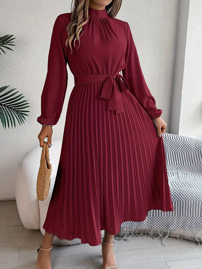 Celeste | Mock Neck Long Sleeve Belted Pleated Midi Wedding Guest Dress