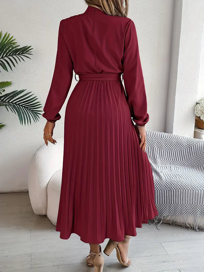 Celeste | Mock Neck Long Sleeve Belted Pleated Midi Wedding Guest Dress