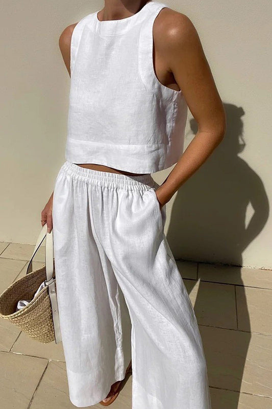 Vivian | Women's Linen Blend Sleeveless Crop Top Wide Leg Two Piece Set
