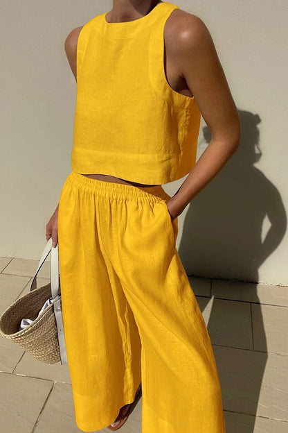 Vivian | Women's Linen Blend Sleeveless Crop Top Wide Leg Two Piece Set