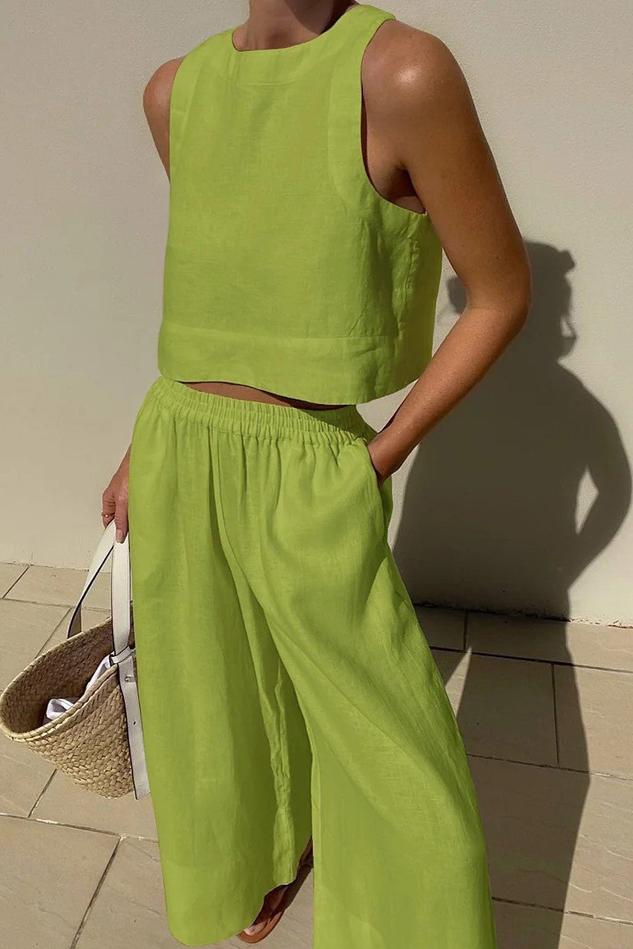 Vivian | Women's Linen Blend Sleeveless Crop Top Wide Leg Two Piece Set