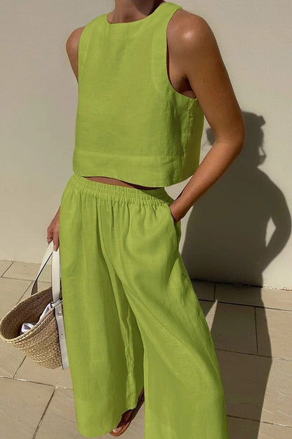 Vivian | Women's Linen Blend Sleeveless Crop Top Wide Leg Two Piece Set