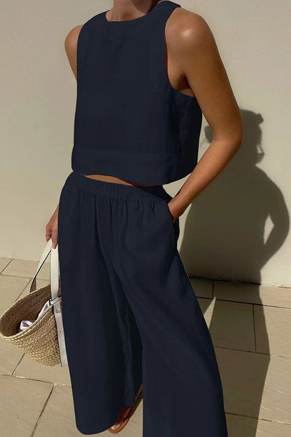 Vivian | Women's Linen Blend Sleeveless Crop Top Wide Leg Two Piece Set