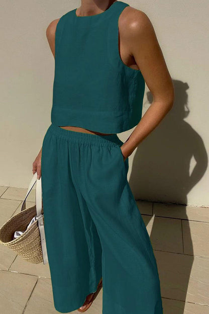 Vivian | Women's Linen Blend Sleeveless Crop Top Wide Leg Two Piece Set