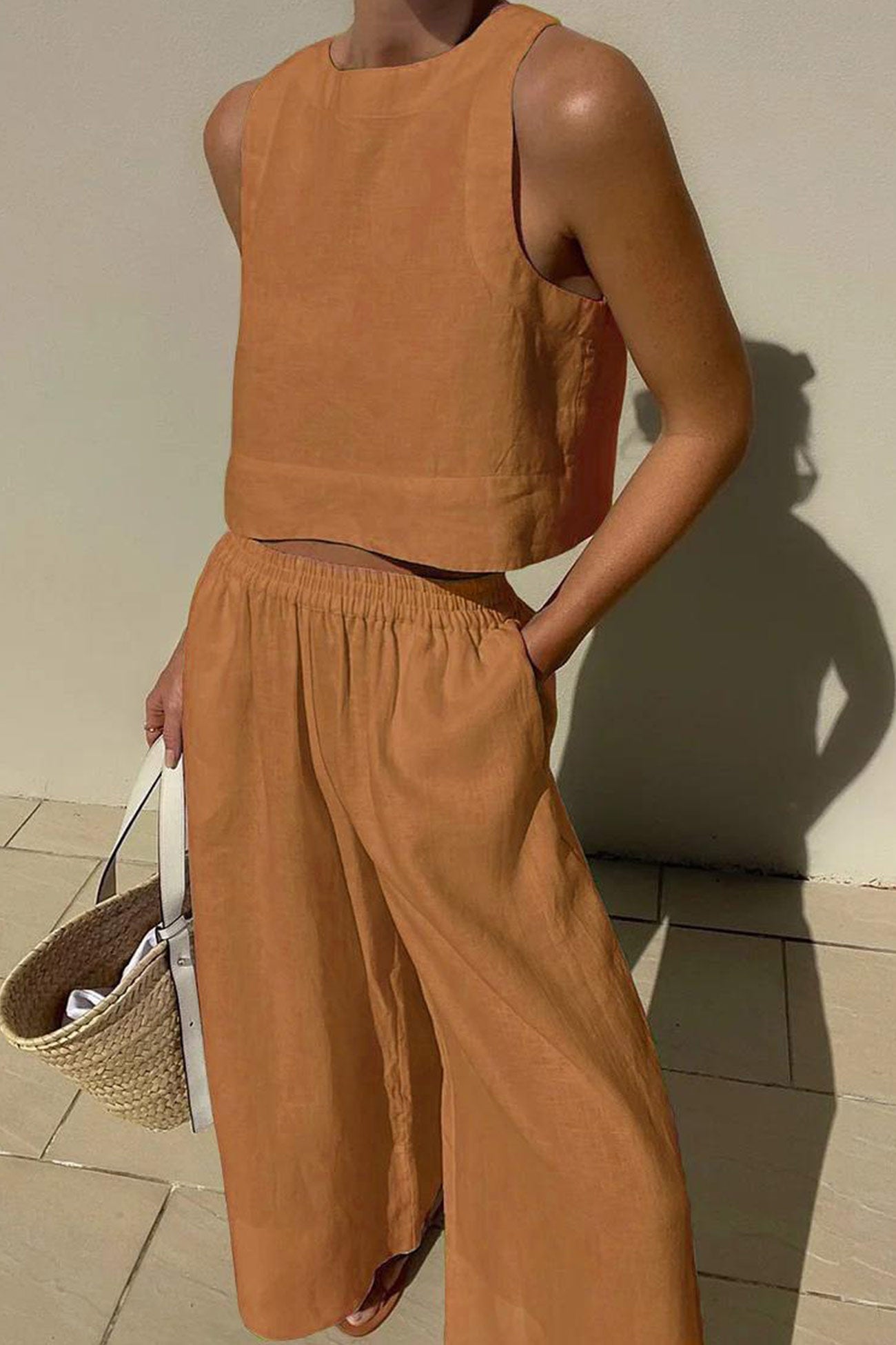 Vivian | Women's Linen Blend Sleeveless Crop Top Wide Leg Two Piece Set