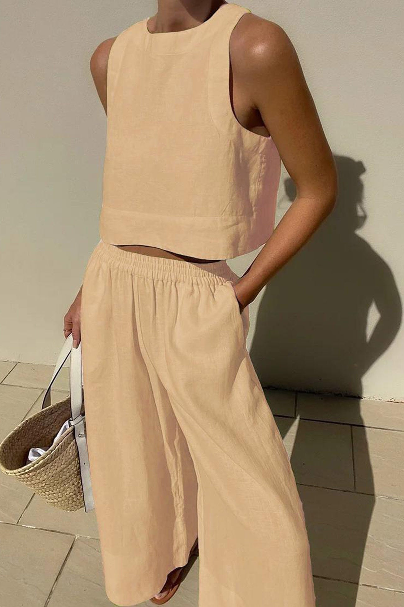 Vivian | Women's Linen Blend Sleeveless Crop Top Wide Leg Two Piece Set